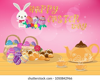 Happy Easter Day items design.Hot cross bun bread and Easter Egg dessert .on isolate background for poster, greeting card, party invitation, banner other users.Vector illustration