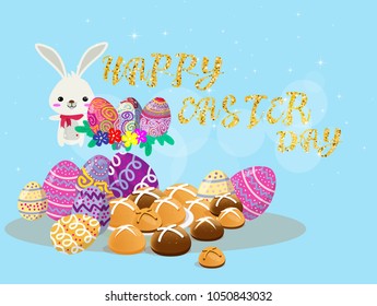 Happy Easter Day items design.Hot cross bun bread and Easter Egg dessert .on isolate background for poster, greeting card, party invitation, banner other users.Vector illustration