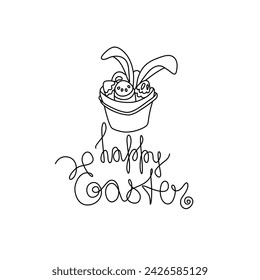 Happy Easter Day lettering, bunny ears in bucket of easter eggs, greeting card logo design, invitation. Continuous line drawing, print for clothes, isolated vector illustration.