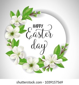 Happy Easter Day lettering in circle. Easter greeting card with flowers. Handwritten text, calligraphy. For greeting cards, posters, leaflets and brochures.