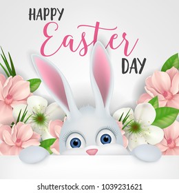 Happy Easter day lettering with cute cartoon Bunny and blossoms. Calligraphic inscription can be used for greeting cards, festive design, postcards, posters.