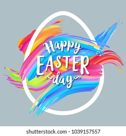 Happy Easter Day lettering in egg outline. Easter greeting card with brush strokes. Handwritten text, calligraphy. For greeting cards, posters, leaflets and brochures.