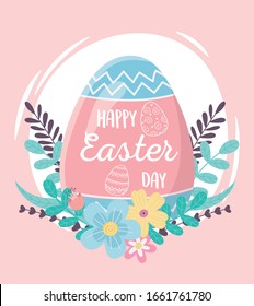 happy easter day, lettering in egg decoration flowers leaves foliage vector illustration