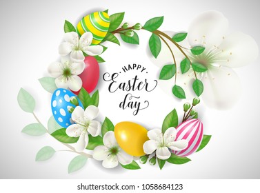 Happy Easter Day lettering in flower wreath. Easter greeting card. Handwritten text, calligraphy. For greeting cards, posters, leaflets and brochures.