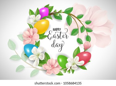 Happy Easter Day lettering in flower wreath. Easter greeting card. Handwritten text, calligraphy. For greeting cards, posters, leaflets and brochures.