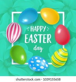 Happy Easter Day lettering in frame. Easter greeting card with colorful eggs. Handwritten and typed text, calligraphy. For greeting cards, posters, leaflets and brochures.