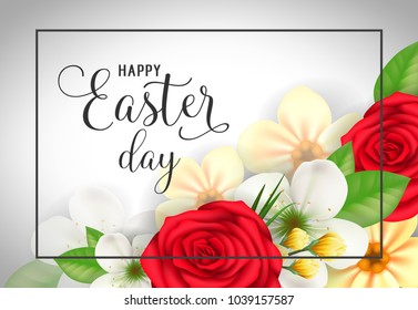 Happy Easter Day lettering in frame. Easter greeting card with flowers. Handwritten text, calligraphy. For greeting cards, posters, leaflets and brochures.
