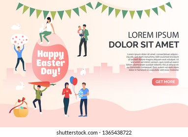 Happy Easter day lettering, garland, people, sample text. Celebration, decoration, traditional. Presentation slide template. Can be used for topics like Easter, holiday, spring