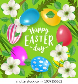 Happy Easter Day lettering. Easter greeting card with colorful eggs and flowers. Handwritten and typed text, calligraphy. For greeting cards, posters, leaflets and brochures.