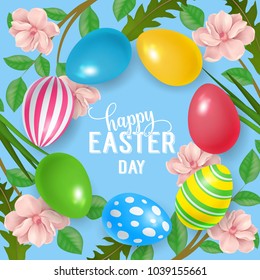 Happy Easter Day lettering. Easter greeting card with colorful eggs and plants. Handwritten and typed text, calligraphy. For greeting cards, posters, leaflets and brochures.