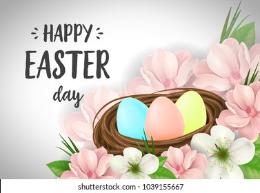 Happy Easter Day lettering. Easter greeting card with flowers and eggs in nest. Handwritten and typed text, calligraphy. For greeting cards, posters, leaflets and brochures.
