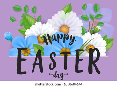 Happy Easter Day lettering. Easter greeting card with flowers. Handwritten and typed text, calligraphy. For greeting cards, posters, leaflets and brochures.
