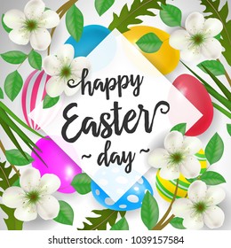 Happy Easter Day lettering on square. Easter greeting card with plants and eggs. Handwritten text, calligraphy. For greeting cards, posters, leaflets and brochures.
