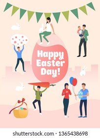 Happy Easter day lettering, people with gifts and eggs. Celebration, decoration, traditional. Can be used for topics like Easter, holiday, spring