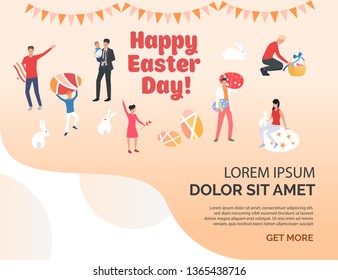 Happy Easter day lettering and people with sample text. Celebration, decoration, traditional. Presentation slide template. Can be used for topics like Easter, holiday, spring