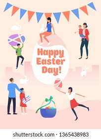 Happy Easter day lettering, people, gifts and eggs. Celebration, decoration, traditional. Can be used for topics like Easter, holiday, spring