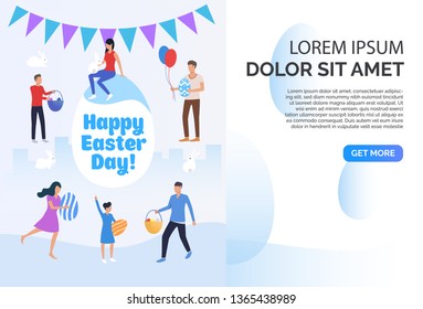 Happy Easter day lettering, people, painted eggs and sample text. Celebration, decoration, traditional. Presentation slide template. Can be used for topics like Easter, holiday, spring