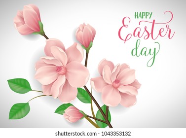 Happy Easter day lettering with pink blooming cherry twig on white background. Calligraphic inscription can be used for greeting cards, festive design, postcards, posters.