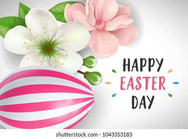 Happy Easter day lettering with pink and white blossoms and colored egg on white background. Calligraphic inscription can be used for greeting cards, festive design, postcards, posters.