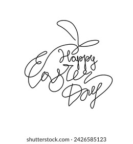 Feliz día de Pascua con orejas de conejo para tarjeta de felicitación, plantilla de invitación. Dibujo de línea continua, letras a mano, impresión para ropa, vector aislado.