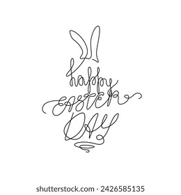 Happy Easter Day Schriftzug mit Hasenohren für Grußkarte, Einladungsvorlage. Kontinuierliche Strichzeichnung, Handbeschriftung, Druck für Kleidung, isolierter Vektor.