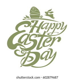 Happy Easter Day lettering template. Easter bunnies and gift eggs vector label.
