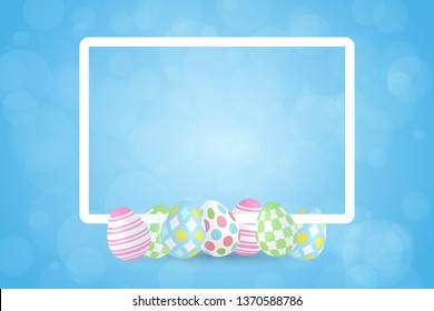 Happy Easter Day Lettering Text Background With Bokeh Light And Colorful Egg. Celebration Banner. Vector