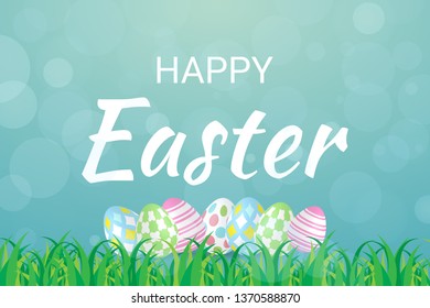 Happy Easter Day Lettering Text Background With Bokeh Light And Colorful Egg. Celebration Banner. Vector