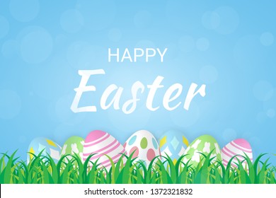 Happy Easter Day Lettering Text Background With Bokeh Light And Colorful Egg. Celebration Banner. Vector