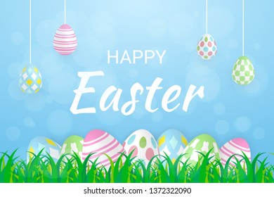 Happy Easter Day Lettering Text Background With Bokeh Light And Colorful Egg. Celebration Banner. Vector