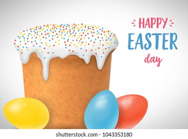 Happy Easter day lettering with three colored eggs and Easter cake on white background. Calligraphic inscription can be used for greeting cards, festive design, postcards, posters.