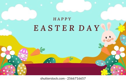 Happy Easter day with light blue background design, Easter eggs with flowers, cute bunny , Happy Easter day celebration design.