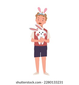 Happy Easter Day. Little boy with bunny ears is holding hugging an adorable bunny. Flat style vector illustration.