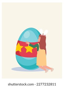 Happy Easter Day. Little girl with bunny with a huge Easter egg, hugging huge easter egg. Flat style vector illustration.