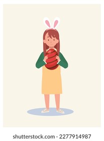 Happy Easter Day. Little girl with bunny ears is holding a big Easter egg. Flat style vector illustration.