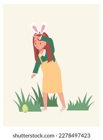 Happy Easter Day. Little girl with bunny ears is finding ,hunting an easter egg. Flat style vector illustration.