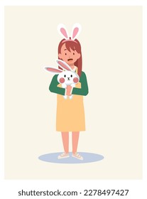 Happy Easter Day. Little girl with bunny ears is holding hugging an adorable bunny. Flat style vector illustration.