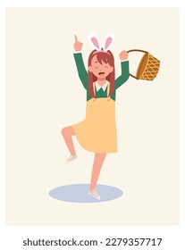 Happy Easter Day. Little girl with bunny with and blank basket is ready to hunt easter egg. Flat style vector illustration.