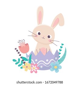 happy easter day, lovely rabbit in eggshell flowers nature leaves decoration vector illustration