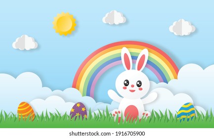 happy easter day on blue background. paper art style. vector Illustration.