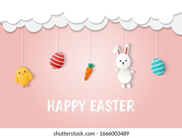 happy easter day on pink background. paper art style. vector Illustration.