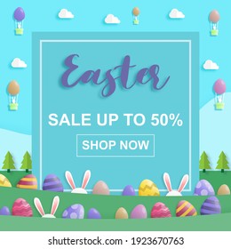 Happy easter day on sale in paper art style with rabbit and easter eggs. greeting card, posters and wallpaper. Vector illustration.