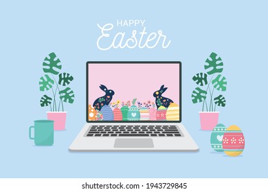 Happy Easter day with online on laptop concept. Easter celebrating at home.vector illustration