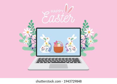Frohe Ostern Tag mit online auf Laptop Konzept. Osterfeiern zu Hause.Vektorgrafik