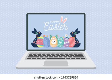 Feliz Día de Pascua con el concepto online de laptop. Celebración de Pascua en casa.ilustración vectorial