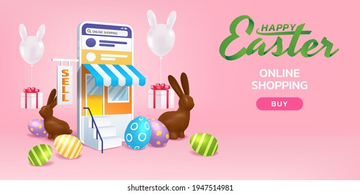 Happy Easter day online shopping by smartphone, 3d mobile with chocolate rabbits, beautiful painted eggs, chat message, gift box, and bunny balloon delivery on pink background, Vector illustration