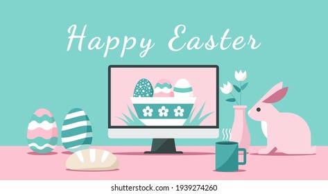 Happy Easter day online via computer, at home concept, flat vector illustration. Moniter with eggs and rabbit