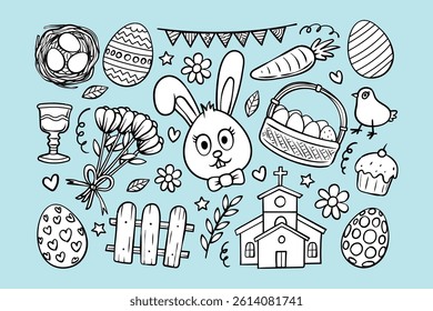 happy easter day outline doodle vector illustration hand drawn cartoon element collection design set