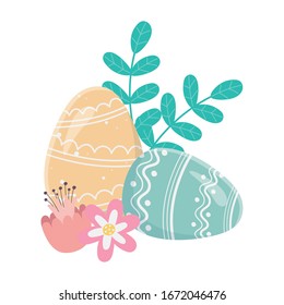 happy easter day, painted eggs ornament flowers foliage decoraiton vector illustration