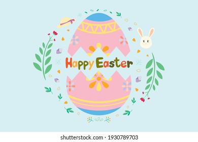 Happy Easter for Easter day. Painting easter egg with white bunny, green leaves, colorful flowers and straw hat. Isolated backgrounds. 